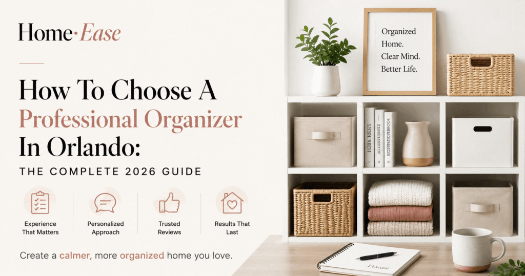 Professional organizer arranging labeled storage bins in an Orlando closet