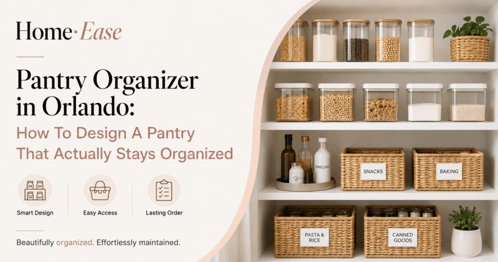 Organized pantry shelves with labeled airtight containers in an Orlando home