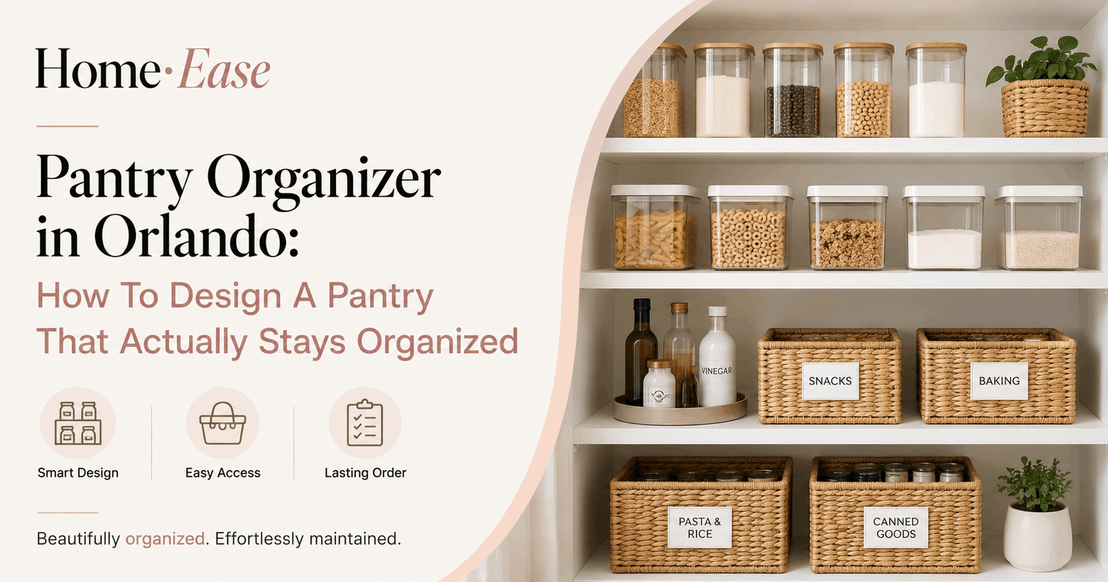 Organized pantry shelves with labeled airtight containers in an Orlando home